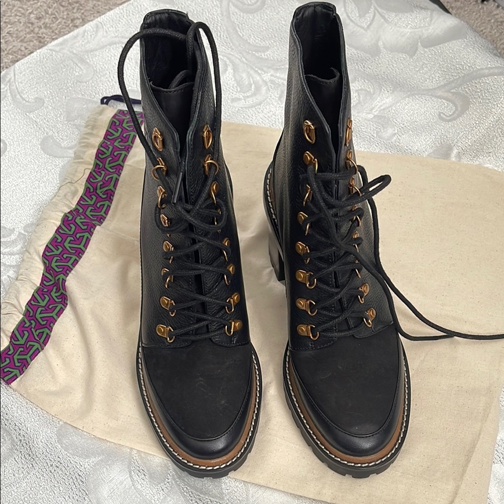 Tory Burch Black Lace Up Boots with Timeless Design